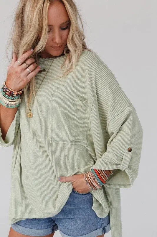 Race Day Ribbed Tab Sleeve Top oversized ribbed top Poet Street Boutique