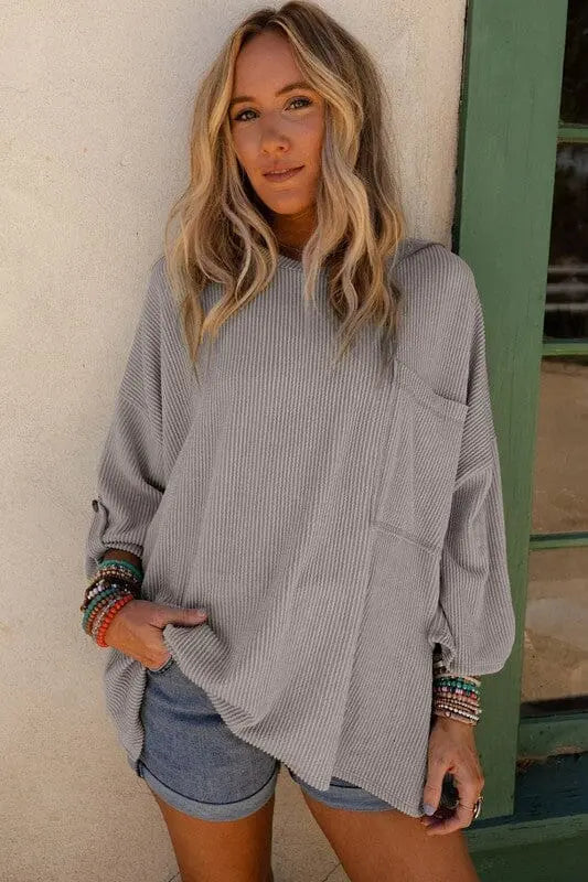 Race Day Ribbed Tab Sleeve Top oversized ribbed top Poet Street Boutique Grey S