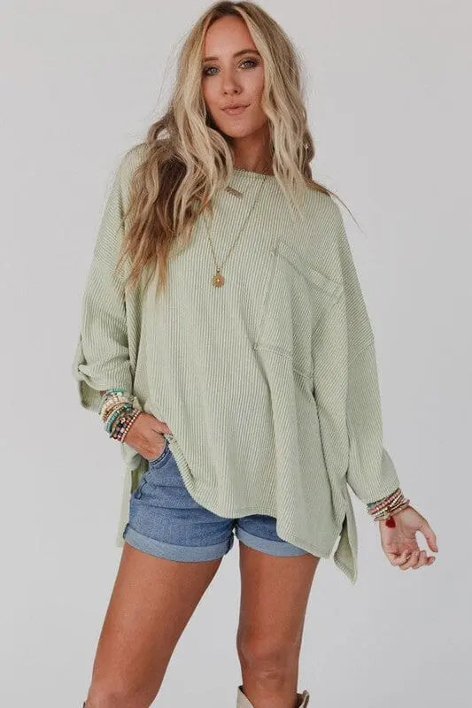 Race Day Ribbed Tab Sleeve Top oversized ribbed top Poet Street Boutique Sage Green S