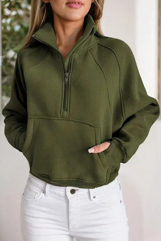 Ribbed 1/2 Zip Thumbhole Sleeve Sweatshirt 1/2 zip sweatshirt Poet Street Boutique green sw25314642-9 S