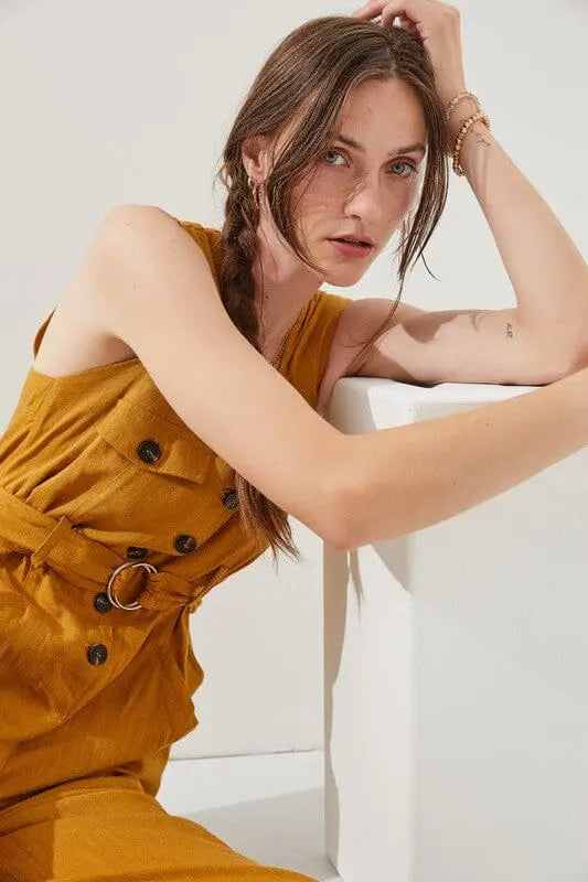 SLEEVELESS SQUARE NECK BUTTON DOWN ANKLE JUMPSUIT Jade By Jane