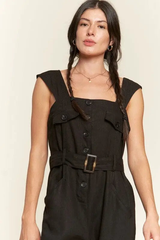 SLEEVELESS SQUARE NECK BUTTON DOWN ANKLE JUMPSUIT Jade By Jane