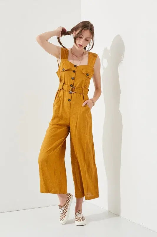 SLEEVELESS SQUARE NECK BUTTON DOWN ANKLE JUMPSUIT Jade By Jane