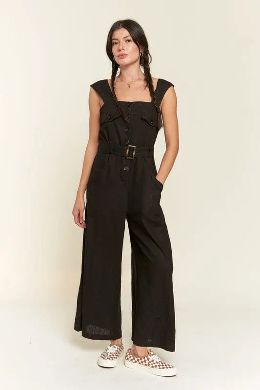 SLEEVELESS SQUARE NECK BUTTON DOWN ANKLE JUMPSUIT Jade By Jane BLACK S