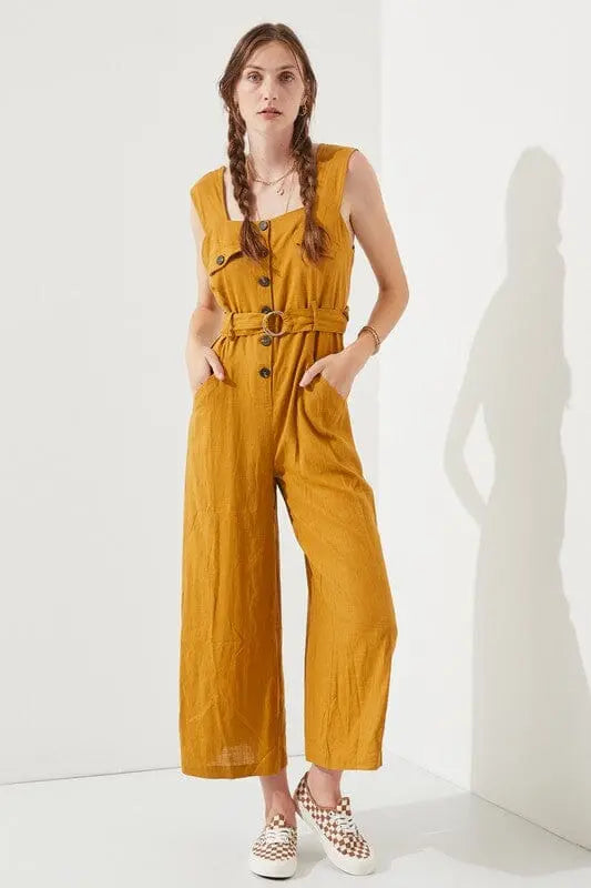 SLEEVELESS SQUARE NECK BUTTON DOWN ANKLE JUMPSUIT Jade By Jane MUSTARD S