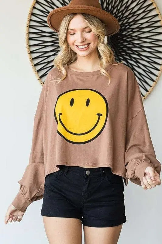 SMILEY FACE LONG SLEEVE CROP TOP Jade By Jane