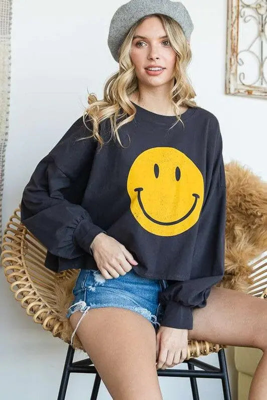 SMILEY FACE LONG SLEEVE CROP TOP Jade By Jane