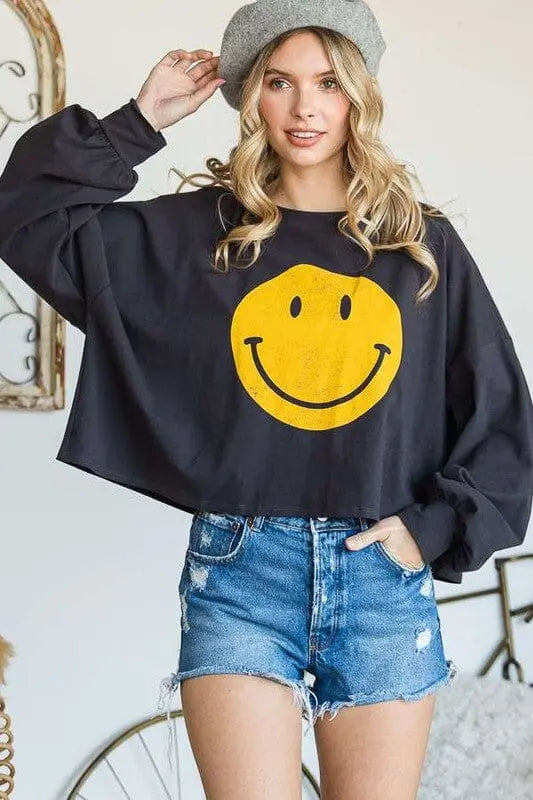 SMILEY FACE LONG SLEEVE CROP TOP Jade By Jane cement S