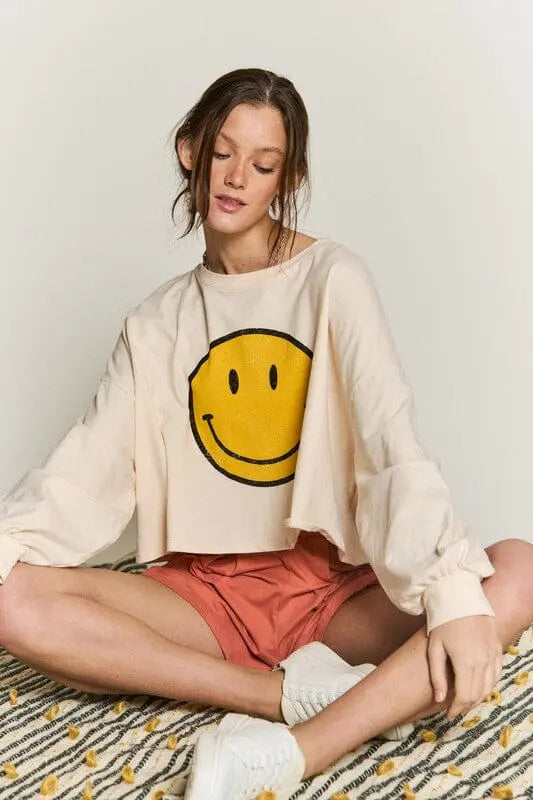 SMILEY FACE LONG SLEEVE CROP TOP Jade By Jane CREAM S