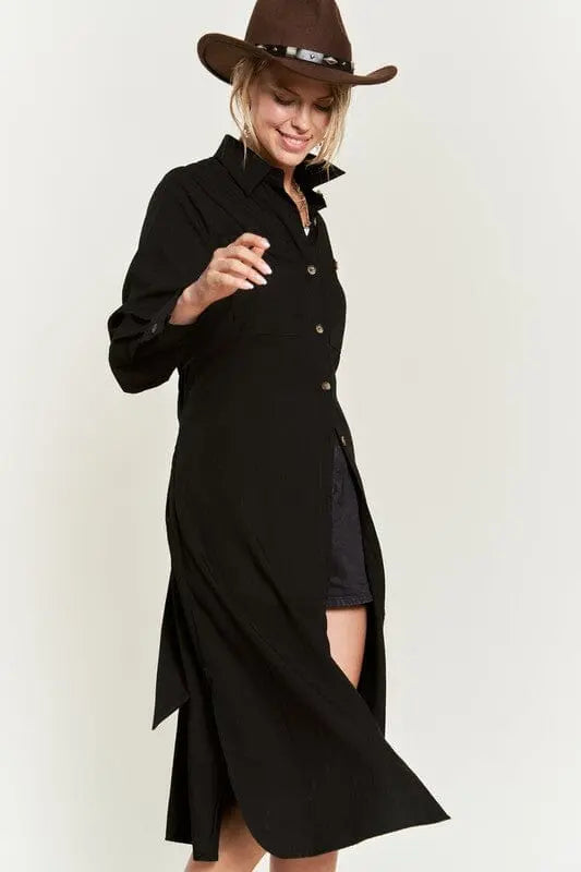 SOLID BUTTON DOWN BELTED LONG DRESS 30-545 Jade By Jane BLACK S