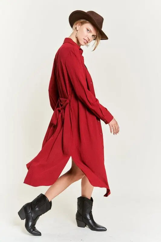 SOLID BUTTON DOWN BELTED LONG DRESS 30-545 Jade By Jane RED S