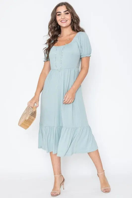 Square Neck Puff Sleeve Boho Dress EG fashion
