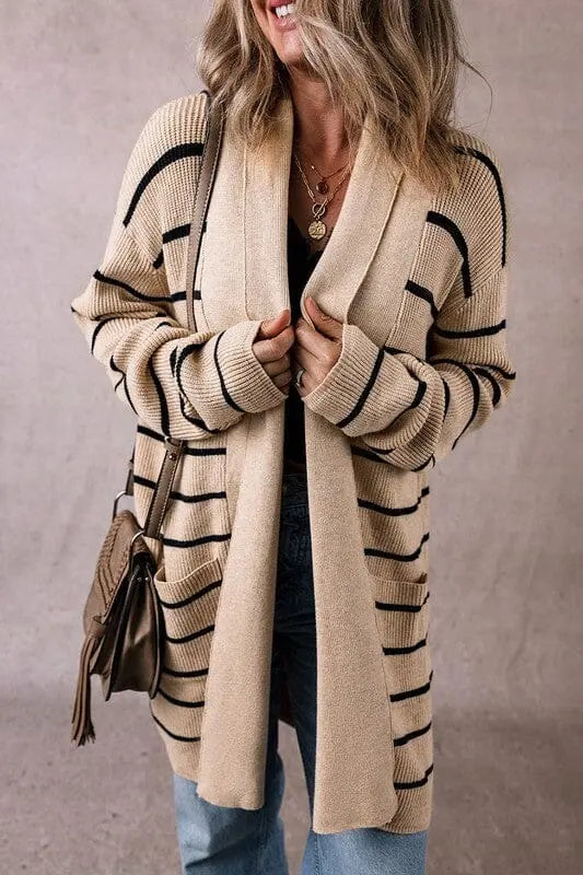 Stripe Side Pockets Open Front Cardigan SHEWIN INC.