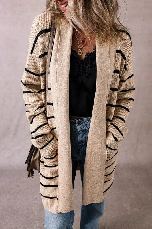 Stripe Side Pockets Open Front Cardigan SHEWIN INC.
