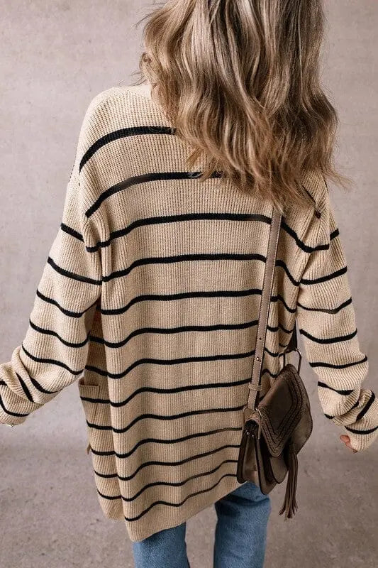 Stripe Side Pockets Open Front Cardigan SHEWIN INC.