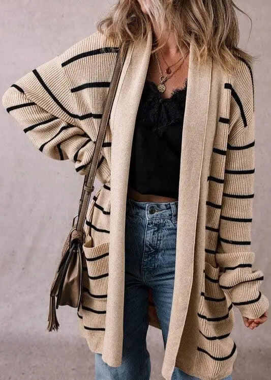 Stripe Side Pockets Open Front Cardigan SHEWIN INC. BLACK SW2711497-P219 S
