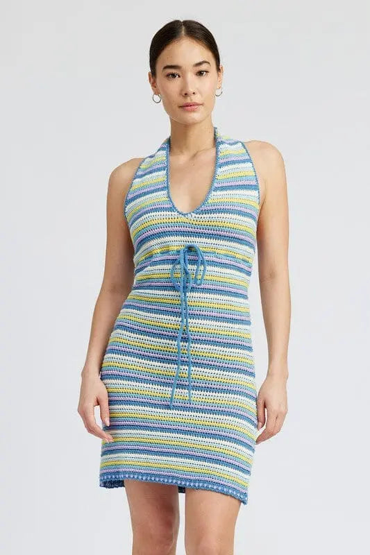 STRIPED CROCHET MINI DRESS WTIH HALTER NECK Emory Park blue multi S