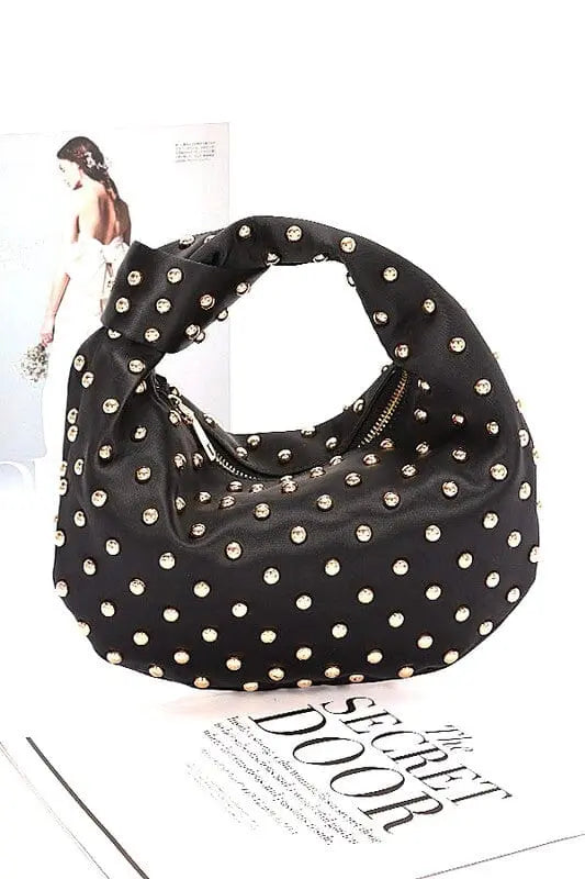 Studded Top Knotted Handle Soft Clutch Artini Accessories BLACK/GOLD O/S