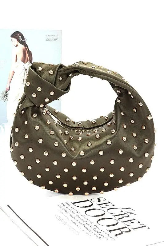 Studded Top Knotted Handle Soft Clutch Artini Accessories Olive/Gold O/S
