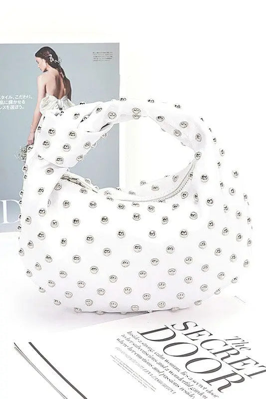 Studded Top Knotted Handle Soft Clutch Artini Accessories WHITE/SILVER O/S