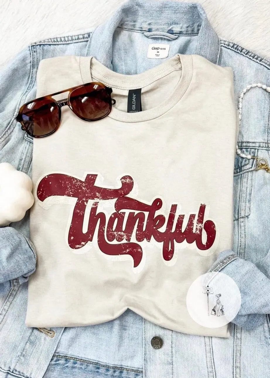 Thankful Cursive Graphic Tee graphic tee Poet Street Boutique Cream Small