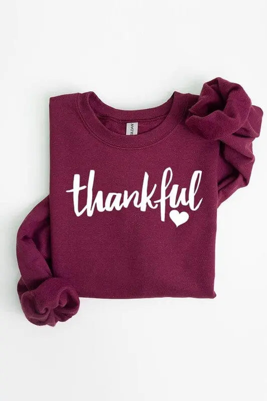 Thankful Heart Graphic Fleece Sweatshirt Thankful cursive sweatshirt Poet Street Boutique MAROON S
