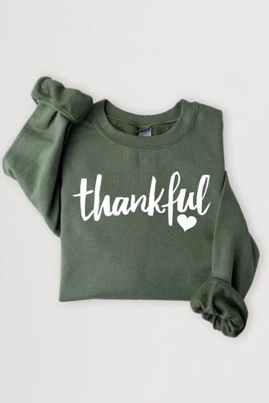 Thankful Heart Graphic Fleece Sweatshirt Thankful cursive sweatshirt Poet Street Boutique MILITARY GREEN S