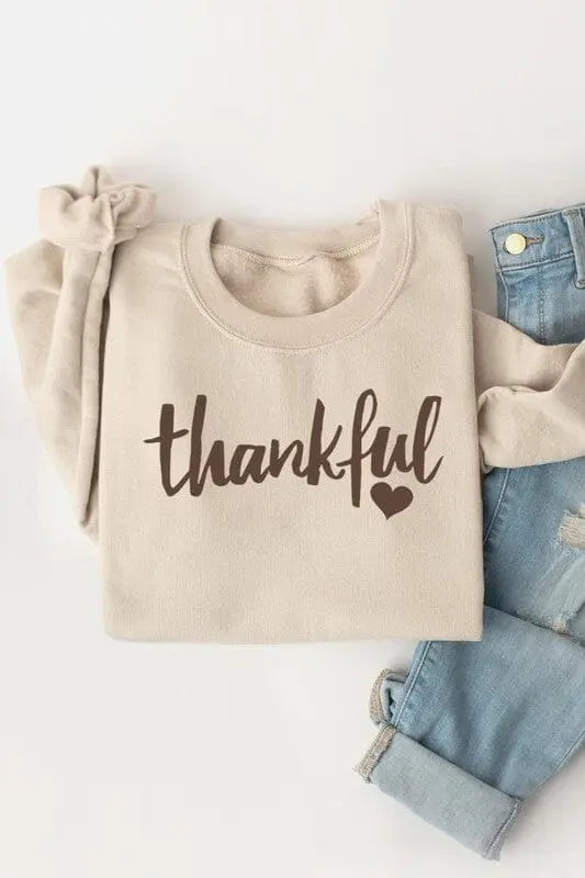 Thankful Heart Graphic Fleece Sweatshirt Thankful cursive sweatshirt Poet Street Boutique SAND S