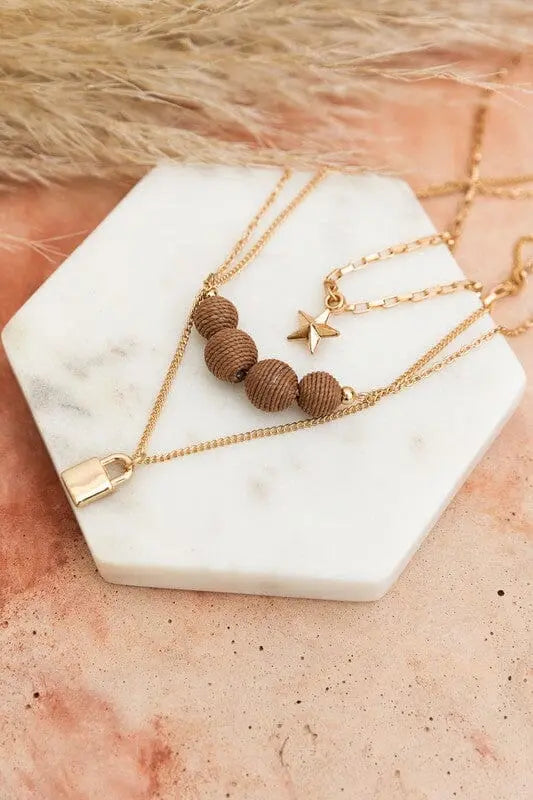 Three Layered Rustic Gold Charmed Necklace three layered rustic necklace Poet Street Boutique