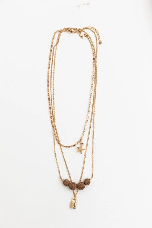 Three Layered Rustic Gold Charmed Necklace three layered rustic necklace Poet Street Boutique Gold OS
