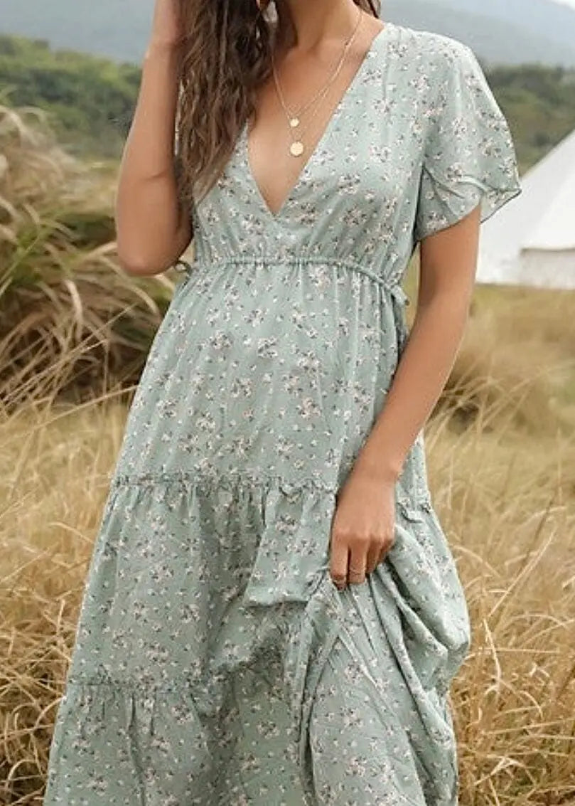 V Neck Floral Sage Midi Dress Tiered floral midi dress Miss Sparkling