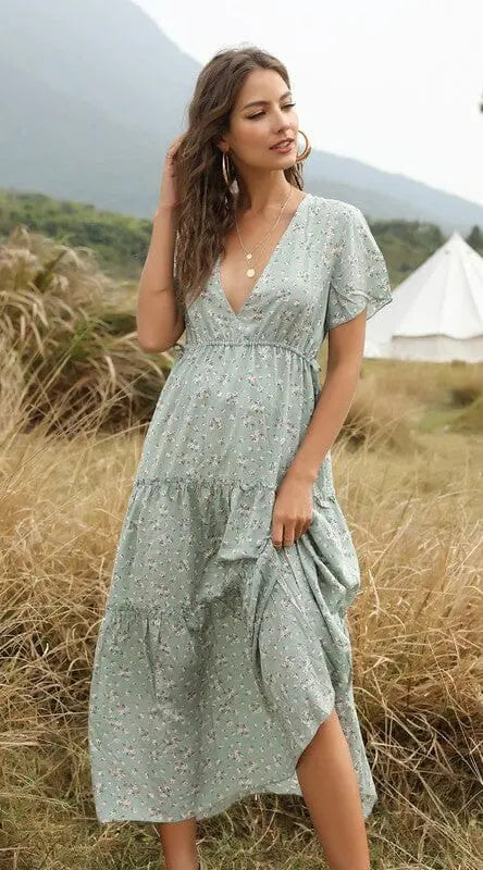 V Neck Floral Sage Midi Dress Tiered floral midi dress Miss Sparkling Light Sage S