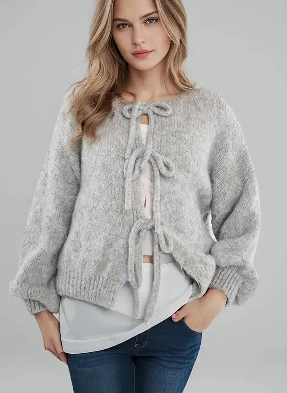 V-neck front tie Cardigan Miss Sparkling gray S