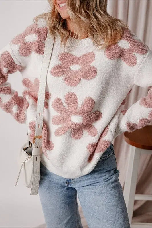 Vintage Flower Drop Shoulder Loose Sweater vintage floral sweater Poet Street WHITE S