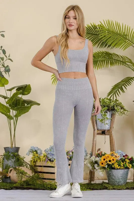 Women's Stone Washed Ribbed Matching Yoga Set Yelete
