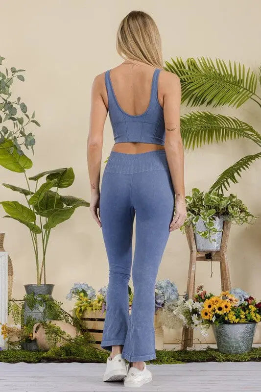 Women's Stone Washed Ribbed Matching Yoga Set Yelete