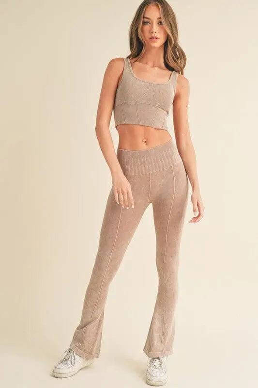 Women's Stone Washed Ribbed Matching Yoga Set Yelete Coffee S