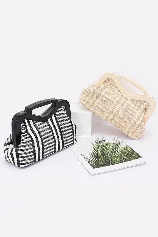 Wooden Frame Faux Straw Top Handle Clutch Artini Accessories