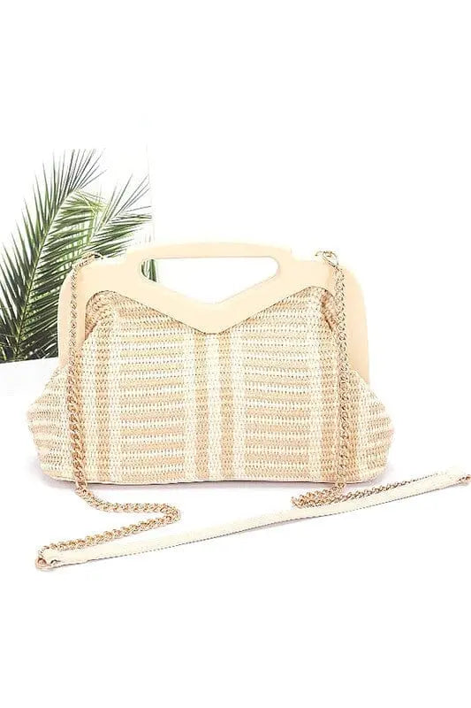 Wooden Frame Faux Straw Top Handle Clutch Artini Accessories Beige O/S