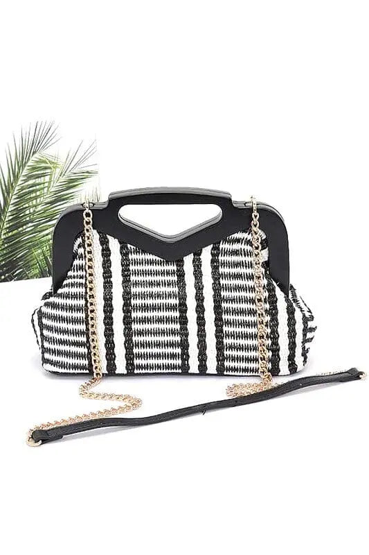 Wooden Frame Faux Straw Top Handle Clutch Artini Accessories Black O/S