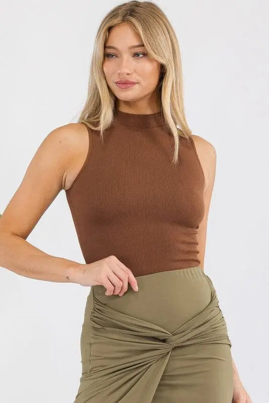 Yelete Always Classy Ribbed Mock Neck Tank tank top Yelete Coffee S/M