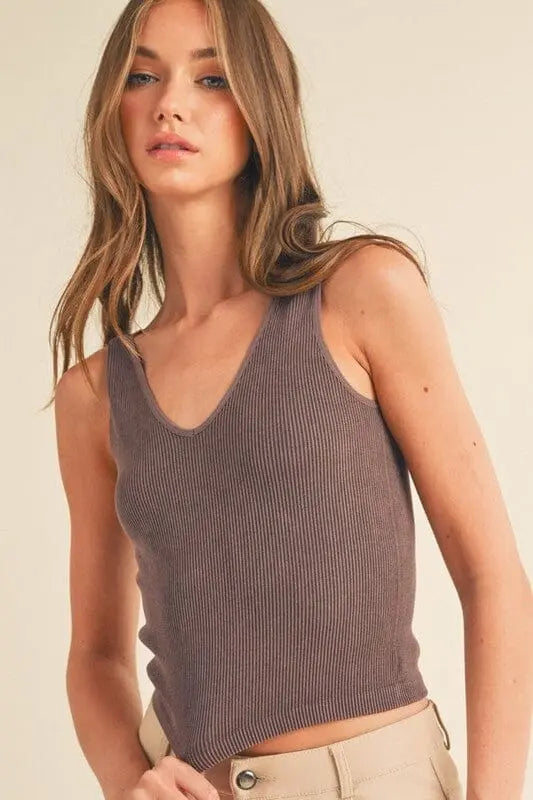 Yelete Reversible Stonewashed Ribbed Tank reversibke tank Yelete Brown OS