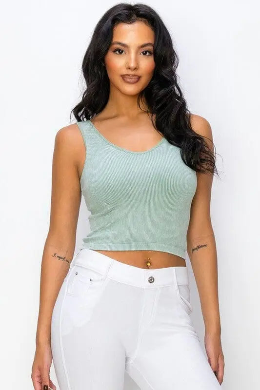 Yelete Reversible Stonewashed Ribbed Tank reversibke tank Yelete Smokey Olive OS