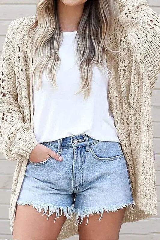 Crochet Dolman Knit Sleeve Cardigan EG fashion Beige S