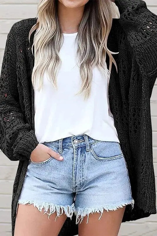 Crochet Dolman Knit Sleeve Cardigan EG fashion Black S