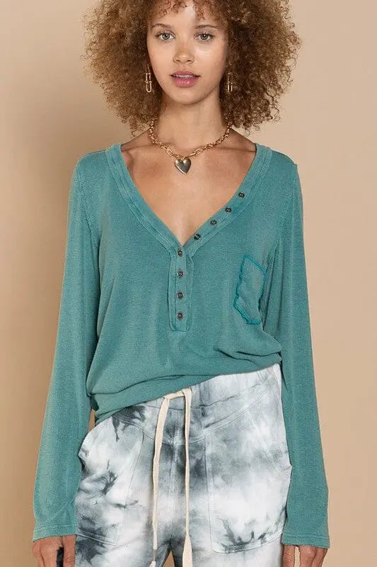 POL Deep V-Neck Button Top long sleeve pullover POL