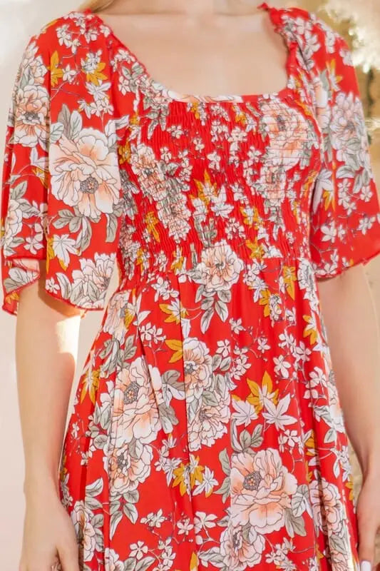 Step into Autumn Smocked Dress smocked maxi dress Orange Farm Clothing