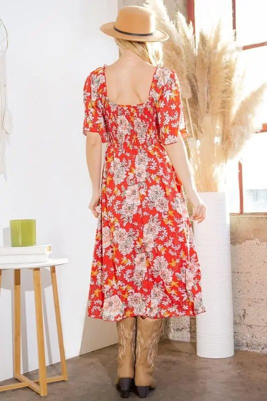 Step into Autumn Smocked Dress smocked maxi dress Orange Farm Clothing