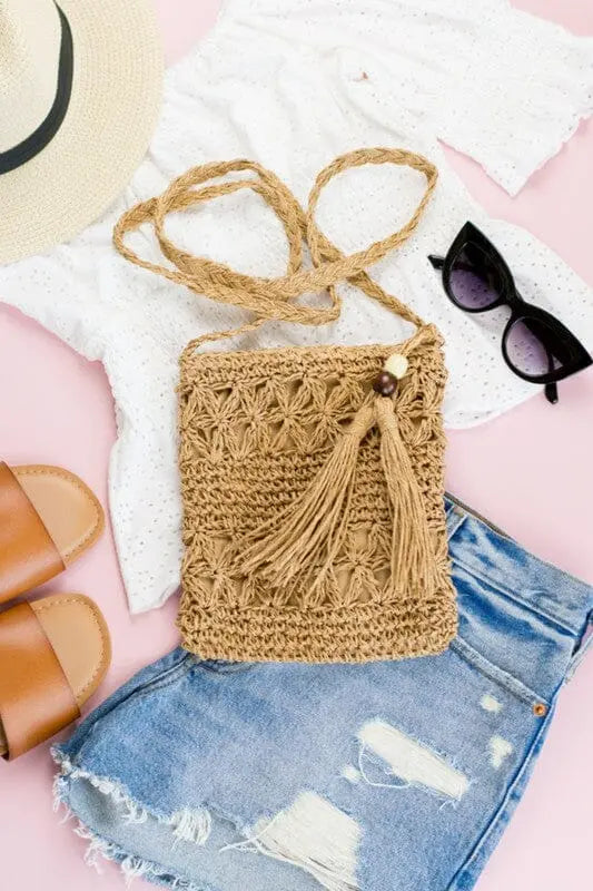Woven Straw Tassel Crossbody Bag cross body Aili's Corner