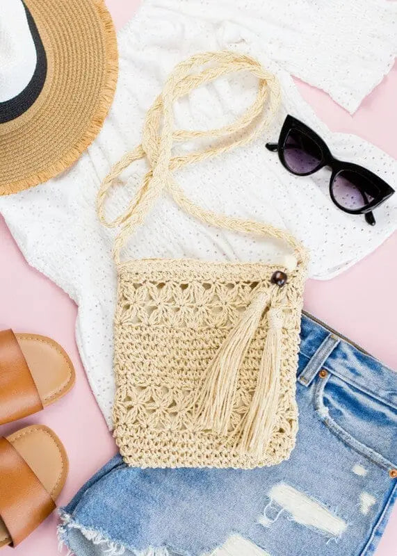 Woven Straw Tassel Crossbody Bag cross body Aili's Corner